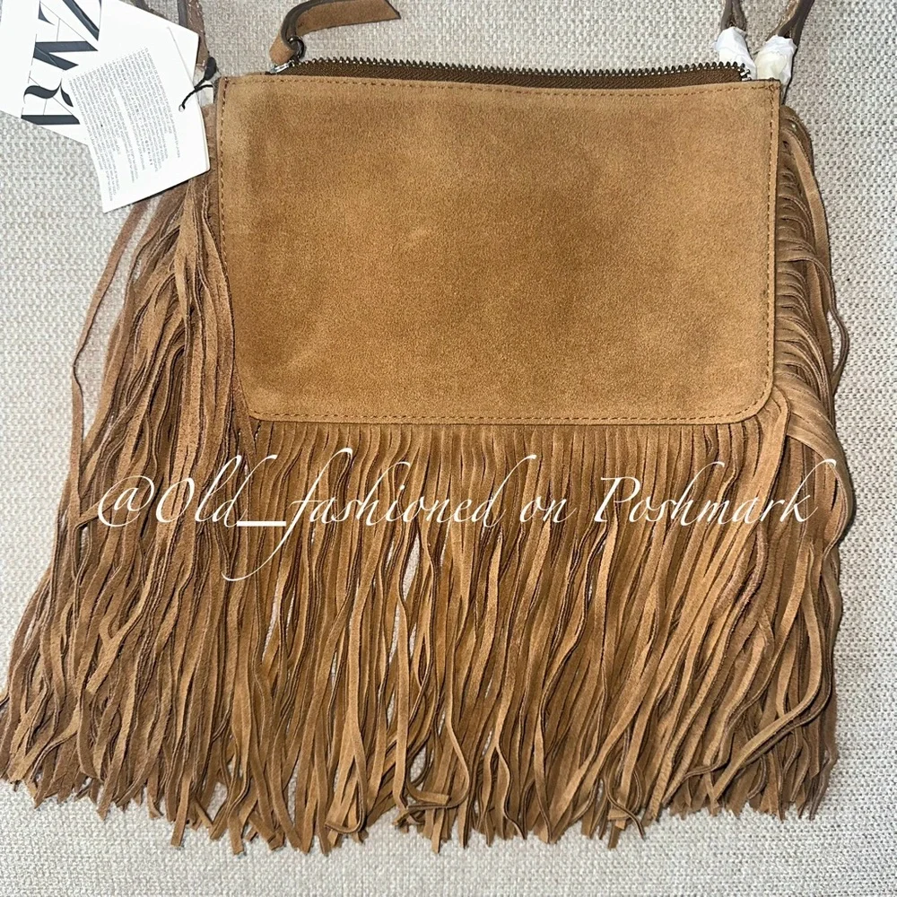 ZARA Leather Fringed Crossbody Bag - Brown